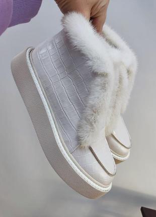 Красиві білі хайтопи черевики norka 🐀 натуральна шкіра крокодил хутро норка зима демісезон 36-41