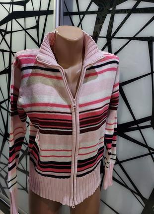 Вязаный свитер, кофта в высоким воротом в розовую полоску на молнии cecilia classics 44-464 фото