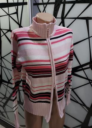 Вязаный свитер, кофта в высоким воротом в розовую полоску на молнии cecilia classics 44-468 фото