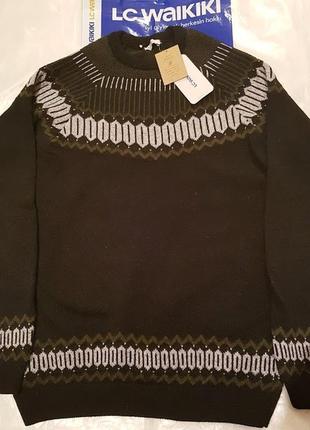 Мужской свитер черный lc waikiki / лс вайкики в бело-зеленый орнамент2 фото