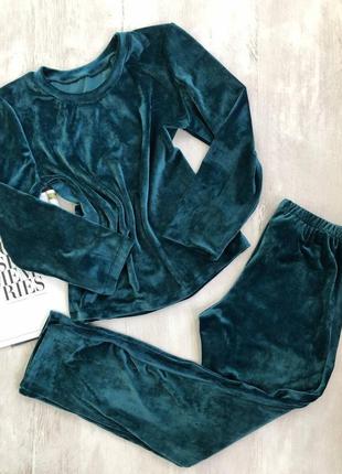 Піжама плюшева, штани та кофта, тепла, на зиму, на осінь, велюрова, зелена, чорна