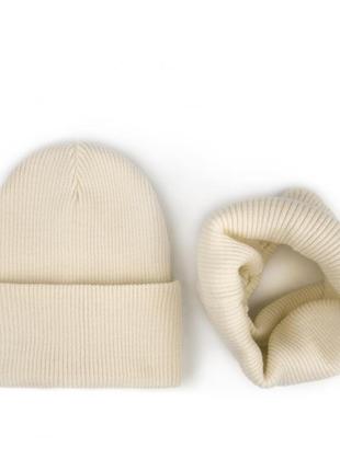 Комплект шапка рубчик з відворотом та хомут, тепла подвійна шапочка рубчік та хомут