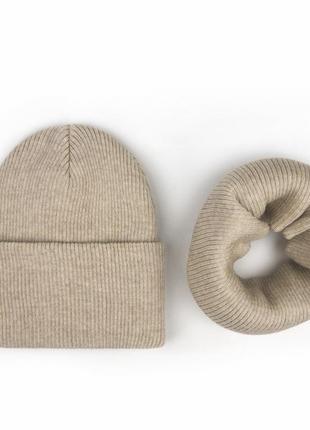 Комплект шапка рубчик с отворотом и хомут, теплая двойная шапочка рубчик и хомут2 фото