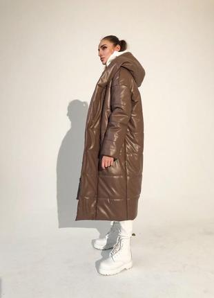 Зима!! куртка пальто с капюшоном кожа с поясом длинное теплое кэмел коричневая шоколад черная бежевая песочная молоко сирень оливка лаванда3 фото