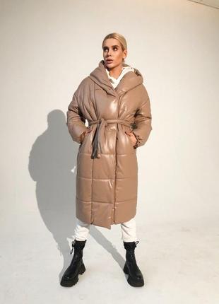 Зима!! куртка пальто с капюшоном кожа с поясом длинное теплое кэмел коричневая шоколад черная бежевая песочная молоко сирень оливка лаванда5 фото