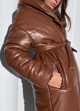 Зима!! куртка пальто с капюшоном кожа с поясом длинное теплое кэмел коричневая шоколад черная бежевая песочная молоко сирень оливка лаванда8 фото