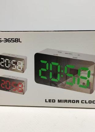Дзеркальний led-годинник з будильником і термометром ds-3658l black (червона підсвітка)4 фото