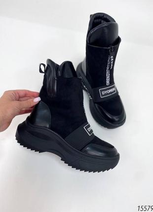 Жіночі черевики чорні ботинки чёрные спортивные эко замш на высокой подошве трендовые5 фото