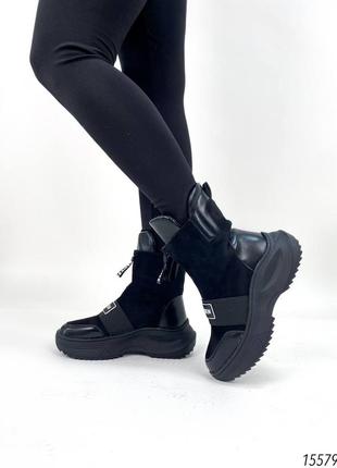 Жіночі черевики чорні ботинки чёрные спортивные эко замш на высокой подошве трендовые6 фото