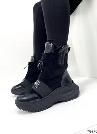 Жіночі черевики чорні ботинки чёрные спортивные эко замш на высокой подошве трендовые10 фото