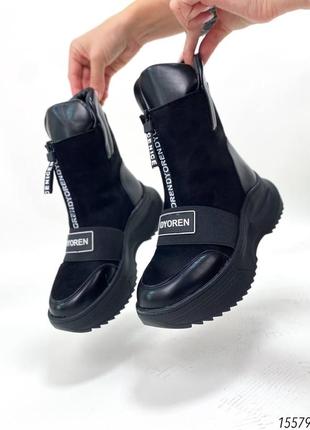Жіночі черевики чорні ботинки чёрные спортивные эко замш на высокой подошве трендовые9 фото