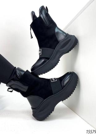 Жіночі черевики чорні ботинки чёрные спортивные эко замш на высокой подошве трендовые2 фото