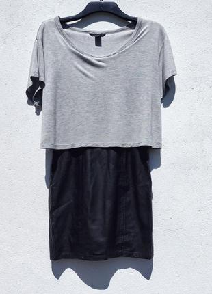 Комбинированное платье h&m чёрная кожаная юбка и серая футболка
