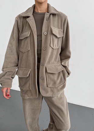 Флісова кофта-піджак, графітова рубашка плюшевая худи свитшот с карманами трендовая длиная кофейно оливковая3 фото