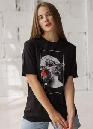 Жіноча стильна однотонна футболка gbi з коротким рукавом new s чорний (12952)