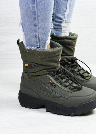 Жіночі кросівки fila темно зелені зима ❄️ хутро / smb