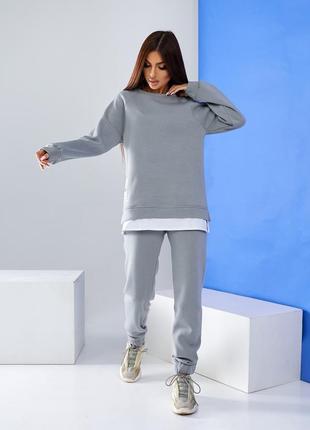 Женский теплый спортивный костюм на флисе серый зимний персиковый
