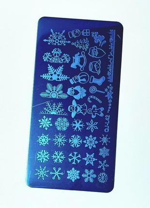 Пластина для стемпинга новогодняя (снежинки, фигурки, снеговик, игрушки) металлическая