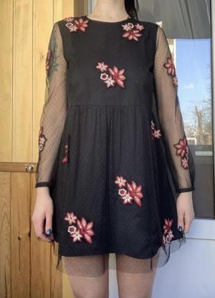Платье зара вышивка сетка кружево рукава солнце прозрачное7 фото