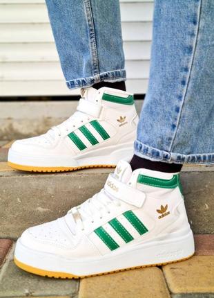 Шкіряні високі кросівки adidas forum high white green. білі з зеленим