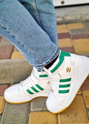 Шкіряні високі кросівки adidas forum high white green. білі з зеленим4 фото