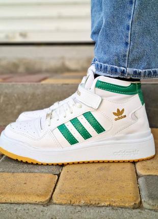 Шкіряні високі кросівки adidas forum high white green. білі з зеленим2 фото