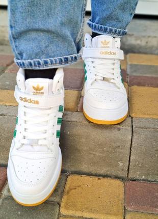 Шкіряні високі кросівки adidas forum high white green. білі з зеленим5 фото