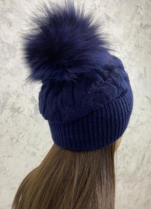 Синяя шапка зимняя на флисе эвелина с песцовым помпоном8 фото