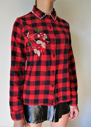 Рубашка в клетку с красивым декором размер м натуральная ткань