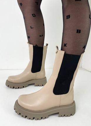 Теплі черевики челсі на резинці,чоботи бежеві шкіряні жіночі зимові (зима 2022-2023) для жінок,зручні,комфортні,стильні7 фото