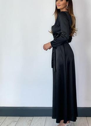 Черное длинное платье в пол макси шелковое атласное сатин вырез декольте вечернее