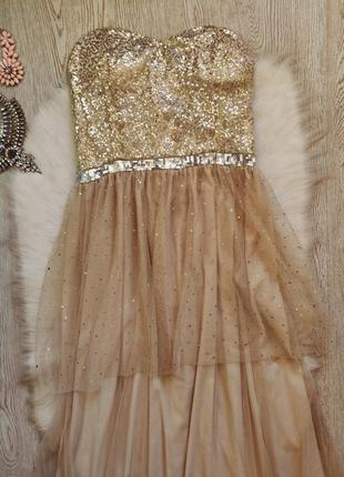Бежевое вечернее нарядное платье в пол с фатином золотыми серебряными блестками пайетками5 фото
