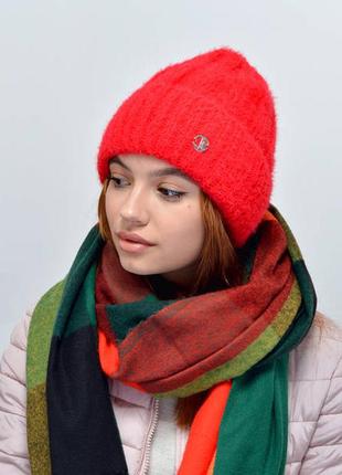 Молодежная зимняя шапка бини с отворотом на флисе, красная