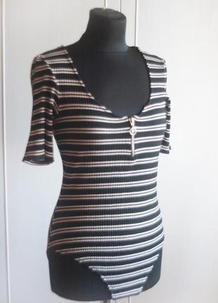 #розвантажуюсь базовое черно-белое боди в полоску с рукавом, из вискозы, на молнии