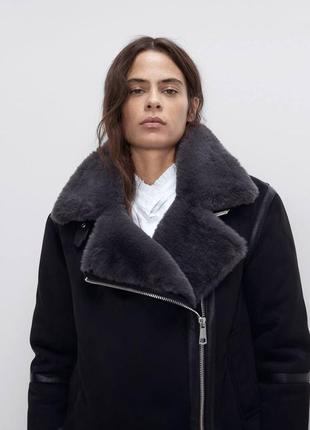 Земшевая черная дубленка зара, женская косуха зимняя, куртка авиатор