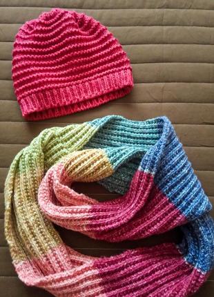 В’язаний акриловий комплект шапка шарф кільце хомут жіноча тепла зимова шапочка шарфик на осінь зима
