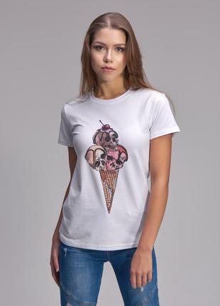 Крутая базовая футболка с дизайнерским принтом мороженное с черепами helen stone2 фото