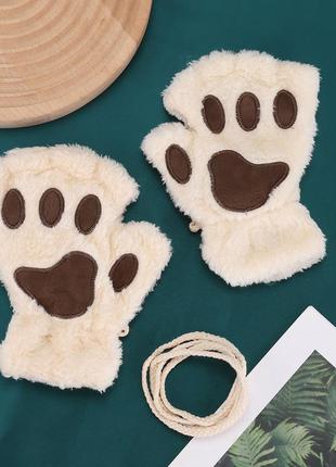 Милые теплые плюшевые перчатки митенки кошачьи лапки с открытыми пальцами кавай...