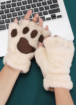 Милые теплые плюшевые перчатки митенки кошачьи лапки с открытыми пальцами кавай...