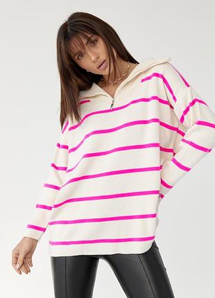 Женский свитер в полоску с воротником на замке розовый зеленый молочный