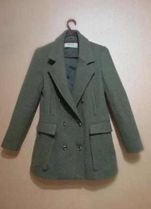 Жакет пиджак пальто zara шерсть шерсть зеленый хаки на пуговицах удлиненный осень весна1 фото