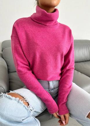 Гольф ангора теплий в'язаний базовий светр, водолазка під шию рожевий бежевий синій блакитний оливка6 фото