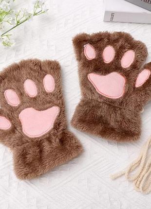 Милые теплые плюшевые перчатки митенки кошачьи лапки с открытыми пальцами как zara кавай корейский стиль лолита аниме3 фото