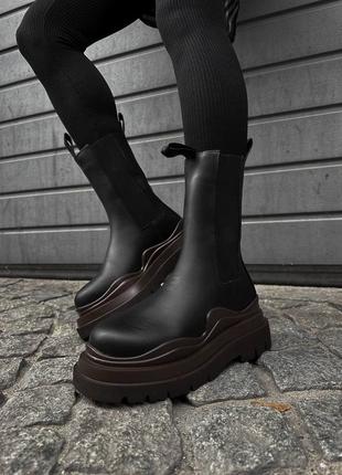 Люксові ботинки челсі bottega veneta black brown натуральна шкіра фліс