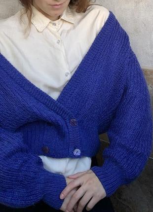 Синий винтажный кардиган с объемными плечами шерстяная кофта на пуговицах2 фото