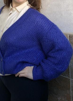 Синий винтажный кардиган с объемными плечами шерстяная кофта на пуговицах3 фото