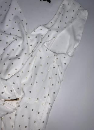 Блуза асиметрична біла на запах подовжена святкова шифонова в золотий горошок6 фото