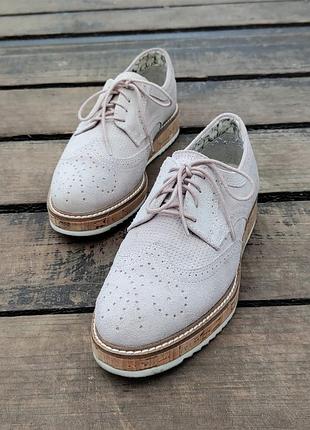 Замшевые женские нюдовые туфли броги оксфорды 38-38,5 размер 5th avenue 🇬🇧