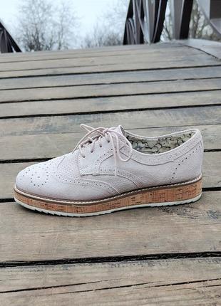 Замшевые женские нюдовые туфли броги оксфорды 38-38,5 размер 5th avenue 🇬🇧