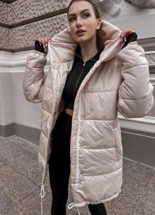Курточка тепла з капюшоном базова плащівка довга стегана подовжена зимова чорна рожева пудра мокко бежева молочна біла пуховик8 фото